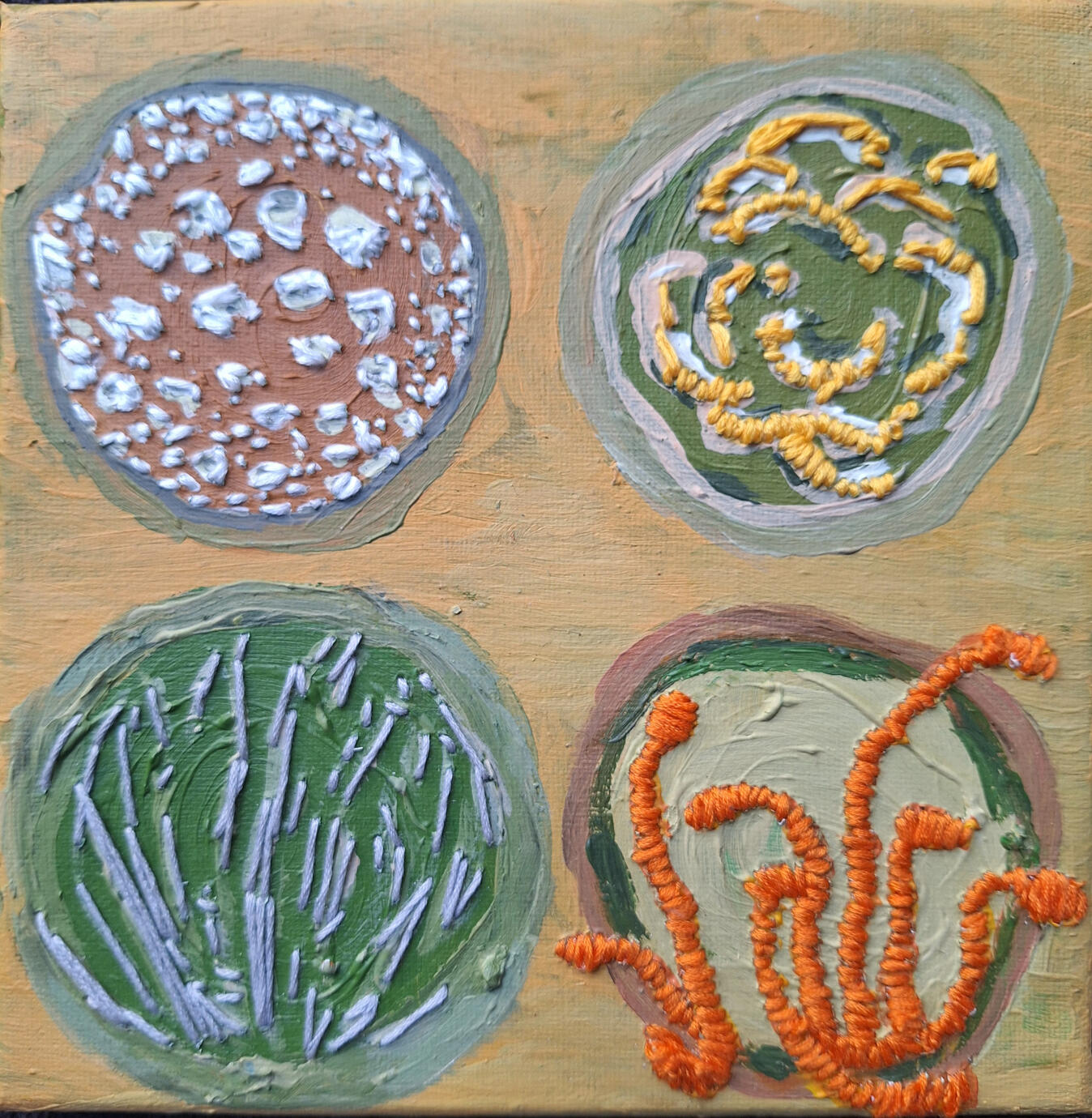 Untitled, 2024, acrylics and embroidery on canvas, 20 x 20 cm