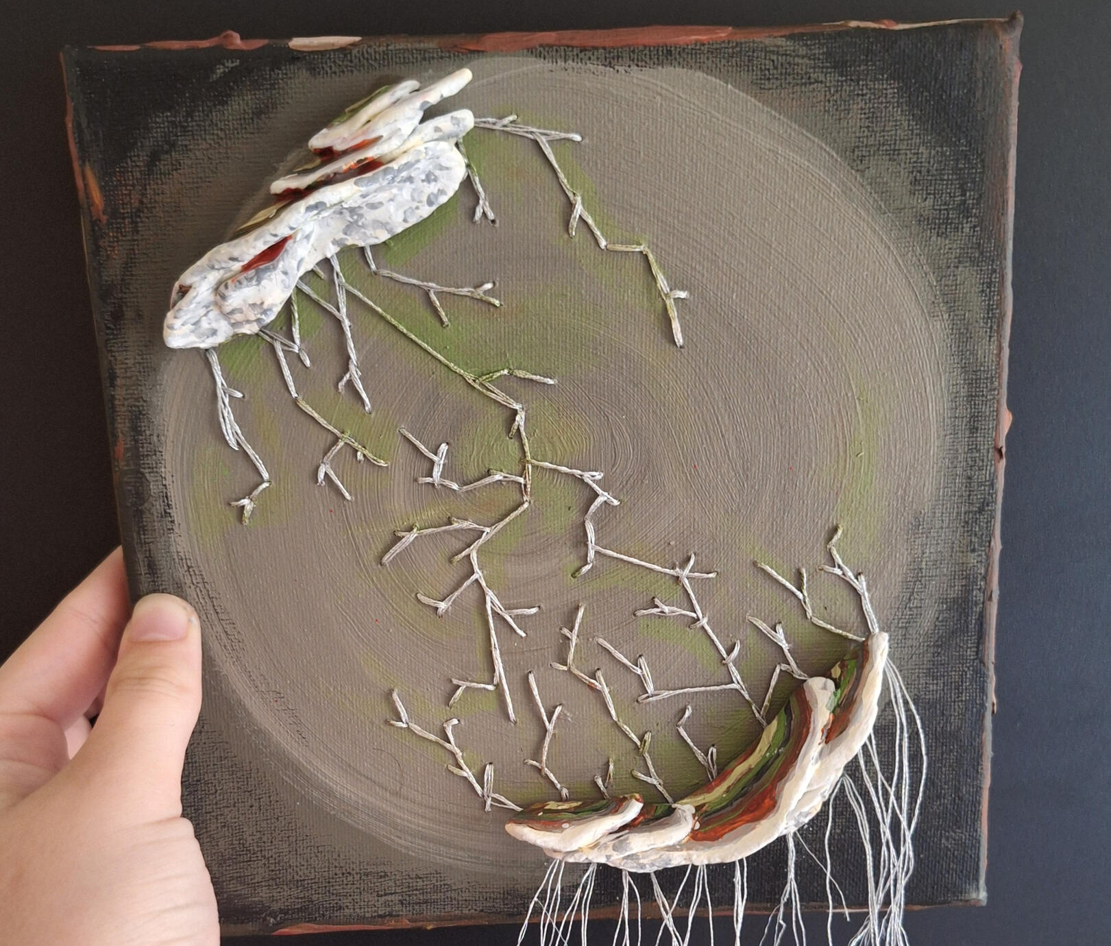 Untitled, 2024, acryclic, embroidery and clay on canvas, 20 x 20 cm